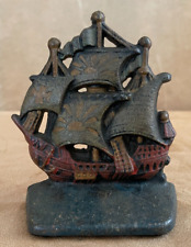 Vintage Cast Iron doorstop Galleon red green Mast sailing ship book end Spanish picture