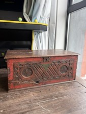 Antique Balinese Carved Wood Dowry Chest Red Painted Indonesian Storage Trunk picture