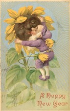 FANTASY ELF Kissing Sunflower A Happy New Year Postcard Antique 1909 Posted picture