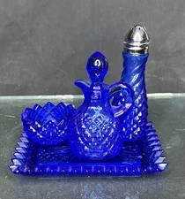 VTG Tiny Cobalt blue glass condiment set- Shaker, Salt Cellar, Decanter & Tray picture