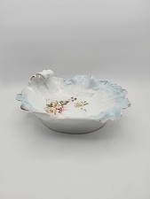 Antq Scoop Handled Porcelain Germany Serving Bowl, Wild Rose, Gold Edged 11