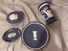 Wedgewood Dark Blue Jasperware Lot-Plate, Spill Vase, Trinket box, Pin Tray picture