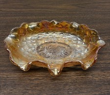 Vintage Imperial Marigold Carnival Glass Pansy Quilted Diamond Oval Bowl Dish picture