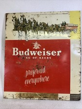 Vintage 1950's Budweiser Beer Tin Over Cardboard Metal Sign Clydesdale picture