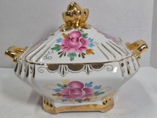 RUSSIAN Hand-Painted Gold Trim Porcelain Sugar/Candy Lidded Dish GZHEL picture