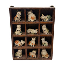 Set Of 12 Vintage Emson Pottery Cat Mini Figurines Wooden Shadow Box Display picture