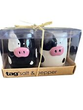 Black & White Ceramic Cow Salt & Pepper Shakers Pink Nose & Spotted  NIB Tag picture