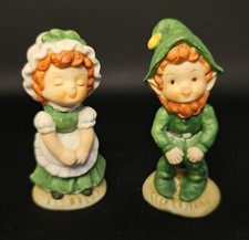 Vintage 1990s Lefton Bisque Porcelain Leprechaun and Irish Girl Figurine Set picture
