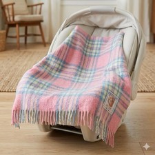 Vintage Royal Curvon 100% Wool Plaid Baby Blanket Throw Pink Blue Fringe 30x35 picture