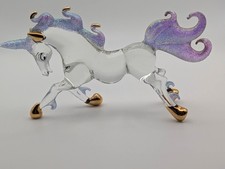 Hand Blown Unicorn Figurine Clear Iridescent Purple Glitter Mane Gold Hooves 5