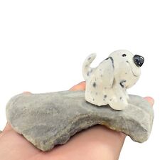 Hand Crafted Pottery Puppy Dog Resting A Rock Hand Made Figurine Sculpture VTG picture