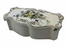 Vintage White Porcelain Flower Blossoms Trinket Dish Box Lid Gold Trim picture