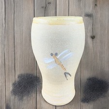Hand Made Studio Art Pottery Stoneware Vase Vessel With Etched Dragonfly Painted picture