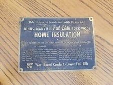 Vintage Johns-Manville Rock Wool Home Insulation Vintage Brass Wall Info Plaque  picture