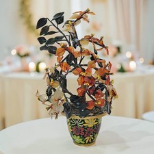 Vtg Carnelian & Nephrite Jade Bonsai Tree Floral Cloisonne Planter 9.5