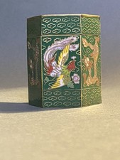 Chinese Cloisonne Hexagonal Box Dragon Phoenix Green Enamel Vintage Foil Label picture