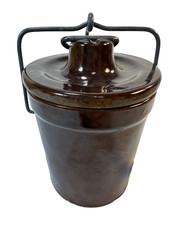 Vtg Brown Glazed Stoneware Pottery Crock Lid & Wire Bail 4.5