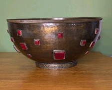 Vtg Fitz and Floyd Hammered Brass Tone Jeweled Etched Bottom Bowl 10-In Diameter picture