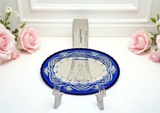 Vtg. Czech Bohemian Cobalt Blue Cut to Clear Small Oval Trinket or Salt Dish picture