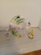 Beautiful Iris Fused Glass Bowl With Two Jeweled Satin Glass Perfume Bottles picture