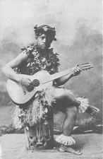 Postcard HI: Hawaiian Boy with Guitar, Traditional Dress, circa 1920, Repro picture