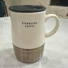 Starbucks Coffee & Tea White Ceramic Mug w/ Silver Base & Black Lid picture