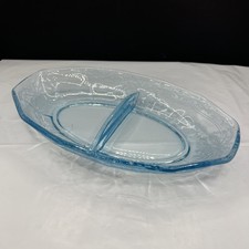 Vintage Fostoria June Azure Blue Etched Glass Divided Relish Dish Serving Tray picture