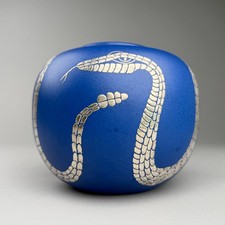 Emilia Castillo Silver Overlay Blue Pottery Vase Rattlesnake Dragonfly Mexico 5