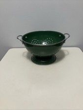 Vintage Hunter Green Enamel Colander Silver Rim & Handles Pedestal Base picture