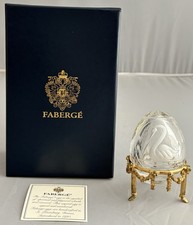 RARE FABERGE CLEAR ETCHED SWAN CRYSTAL EGG w STAND MARKED 925 #1265 MIB picture