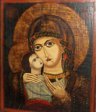 1999 Hand painted tempera/wood icon Virgin Mary and Christ picture