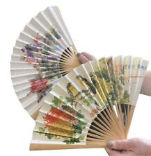 Two Hand Held Paper & Bamboo Fans Floral & Bird Prints Made in China, Decor picture