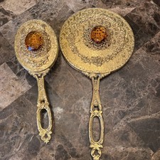 Vintage Ormolu  filigree 24 KT Gold Plated Jeweled Hand Mirror  Brush  topaz  picture