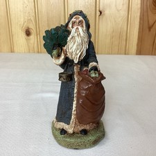 Old Time Santa with Navy Coat Brown Bag and Tree 7 Inches Tall picture