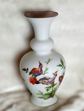 Vtg Satin Frosted White Glass Vase Italy HandPainted Pheasants Victorian 14