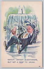 Pre-Linen Comic DRUNK MAN Falls into the Fountain 0902 picture