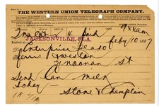1887 Western Union Telegram Jacksonville FL Enterprise Send can milk today picture