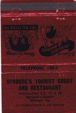 Sprouse's Tourist Court Motel & Restaurant Dillwyn Virginia Matchbook 1950's picture