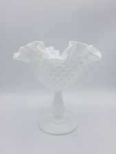 Vintage Footed Fenton Hobnail Milk Glass Compote Ruffled Edge Dish picture