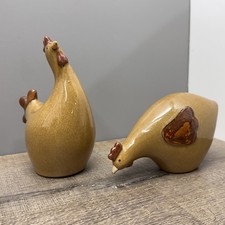 Vintage Glazed Ceramic Chicken Figurines Pair – Mid-Century Folk Art Hen Set picture