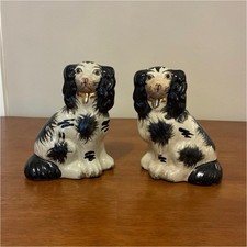 English Staffordshire Dog Figurine Pair Black Spots picture