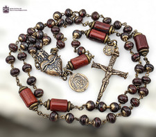 Sacred Bleeding Heart Holy Face of Jesus Rosary -Heirloom Bronze, Red Jasper picture