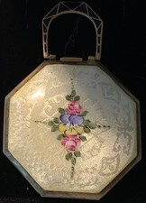 UNUSED STUNNING Antique VIBRANT FLOWERS Hand Painted ENAMEL GUILLOCHE Compact picture