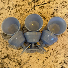 Vintage Jeannette Delphite Blue Glass Doric Footed Ice Cream Sundae Bowls Set 6 picture