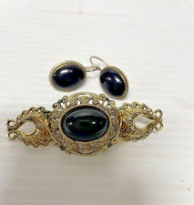 Vintage Gold Tone And Black Gemstone Brooch And Matching Earrings FC-39-4 picture