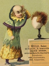 1800s J. Weld Baker Victorian Trade Card 4 1/2 X 3 1/2 Bald Head Long Braid picture