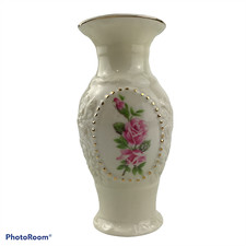 Vintage Unbranded Ceramic Vase Rose Pattern w/Gold Trim picture
