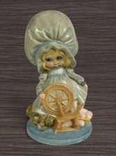 Vintage  Hand Painted Ceramic Girl Figurine Spinning Wheel Large Bonnet Decor picture