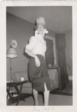 Vintage Photo 1957 Funny Woman Posing Tinsel Christmas Tree Grandfather Clock picture