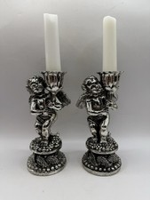 Vintage Molded Metallic Pewter Cherub Candle Holders Ornate Set Of 2 Unique picture